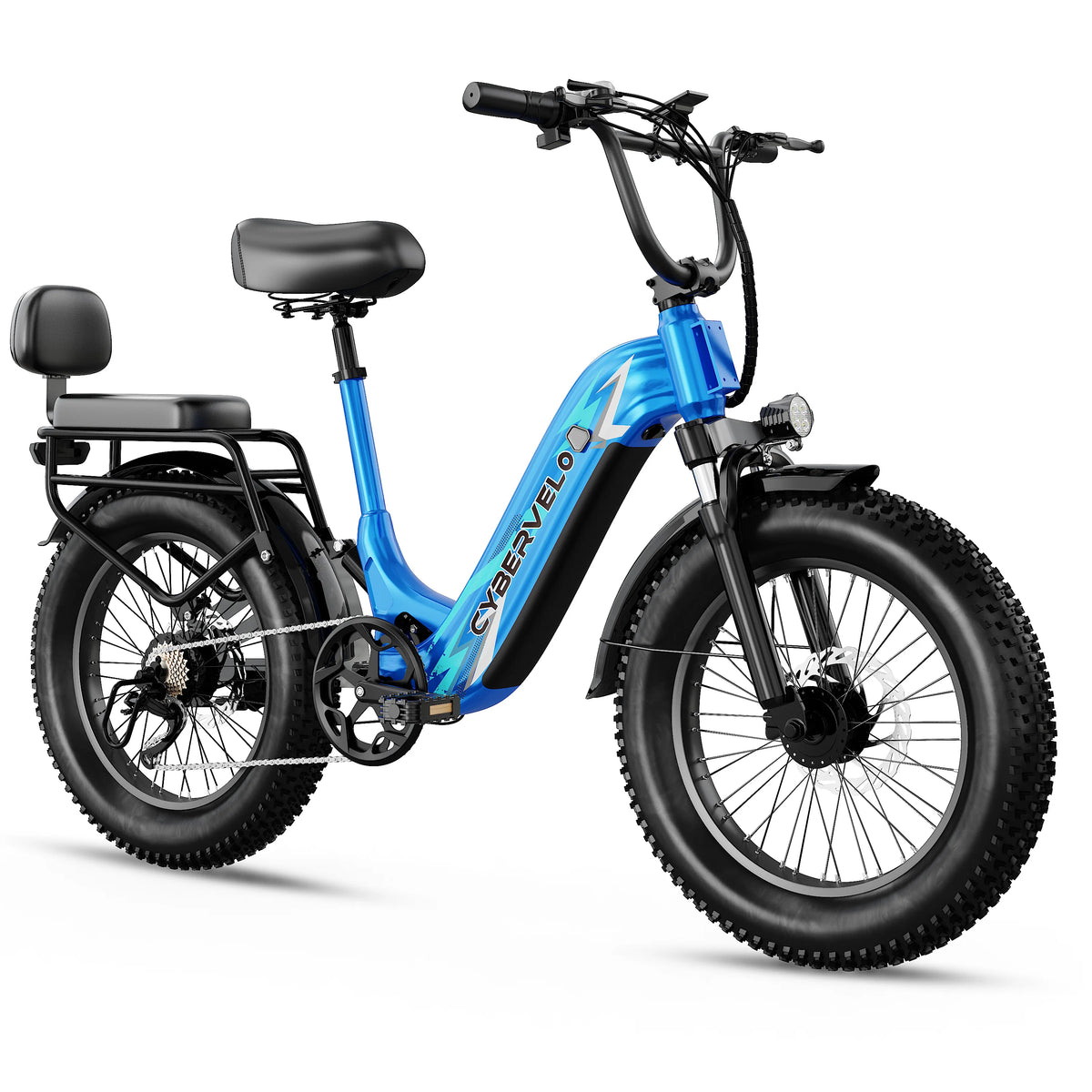 A blue and black CyberFlo fat tire electric bicycle with a rear cargo rack, black saddle, and front headlight, shown on a clean white background.
