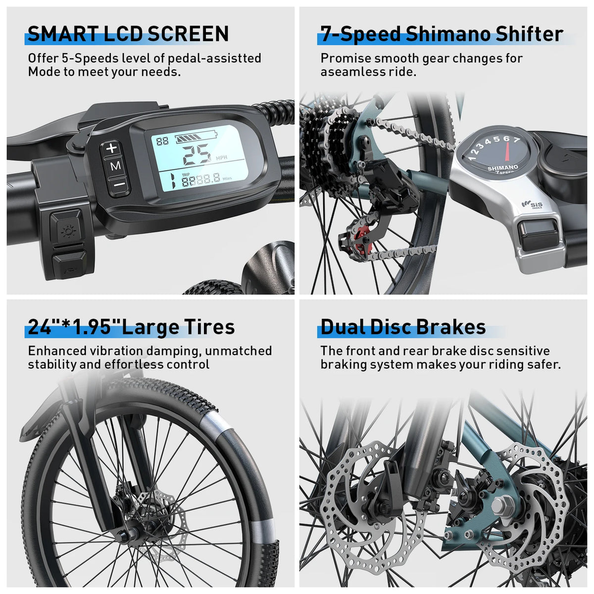 Collage of features including smart LCD screen, Shimano shifter, large tires, and dual disc brakes on a bicycle.