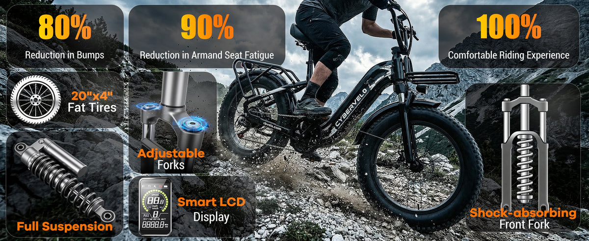 Electric bike with features highlighted on a mountainous background