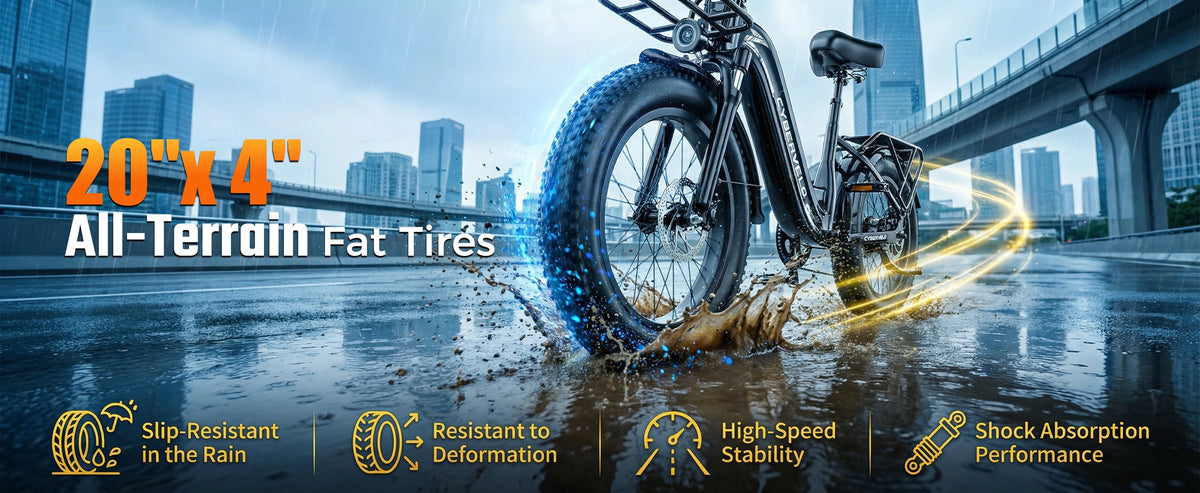 Electric bike with all-terrain fat tires on a wet road with cityscape background