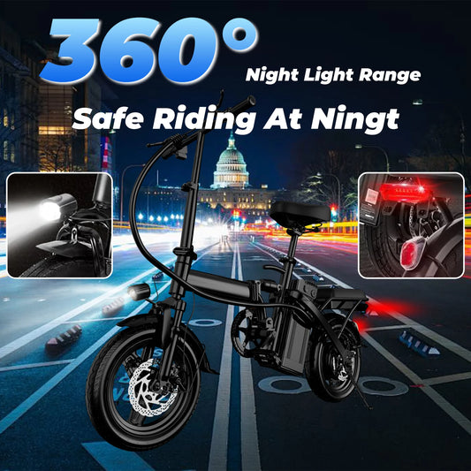 Electric bike with night light features on a city street at night
