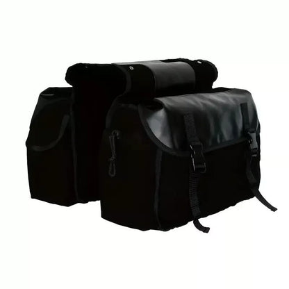 Black motorcycle saddlebags on a white background
