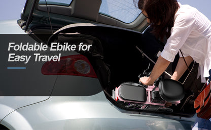 Woman placing a foldable electric bike into a car trunk with text 'Foldable Ebike for Easy Travel'.