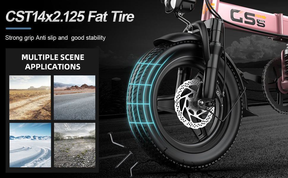 Electric fat tire with CST14x2.125 specifications and multiple scene applications on a dark background.