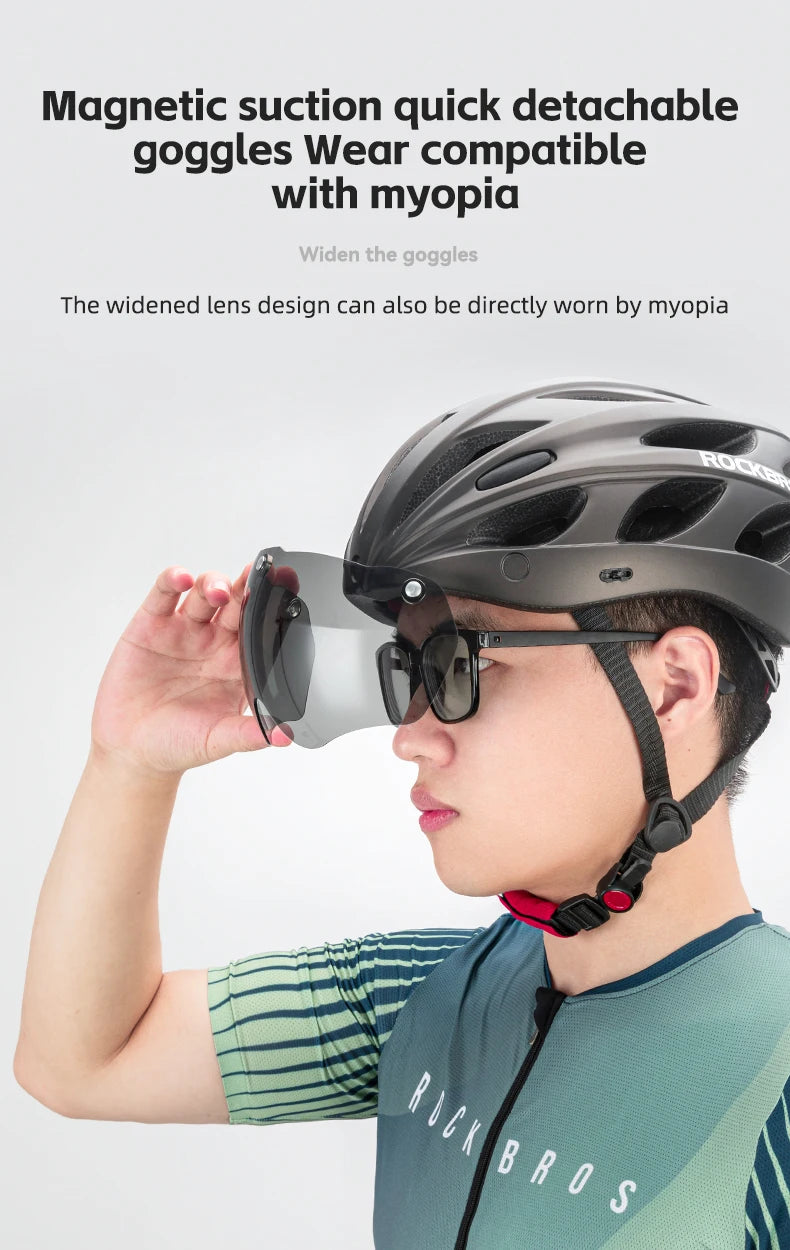 Person wearing a helmet and sunglasses with text about magnetic suction goggles and compatibility with myopia.
