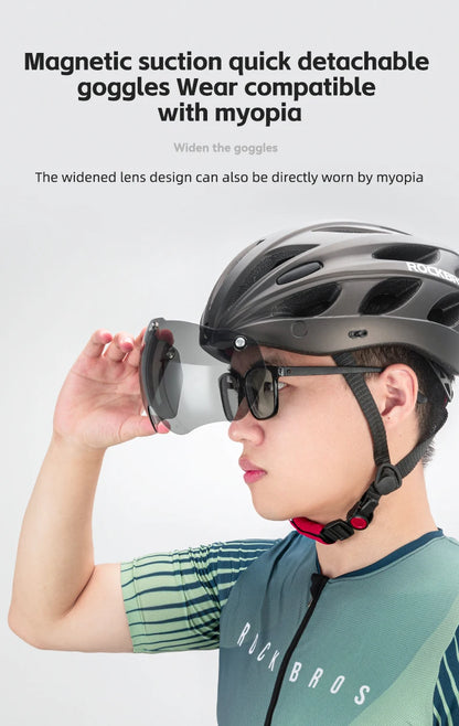 Person wearing a helmet and sunglasses with text about magnetic suction goggles and compatibility with myopia.
