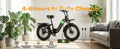 Electric bike charging with text '4-6 Hours to Fully Charge' in a home setting with plants and a sofa.
