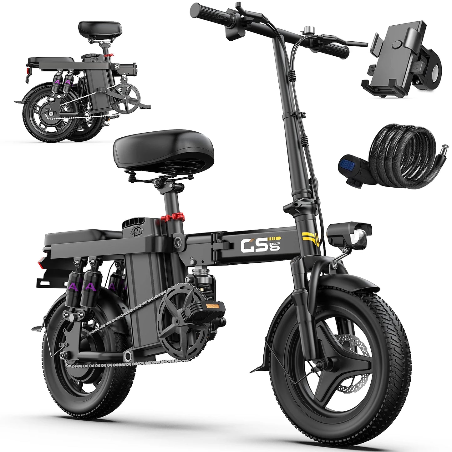 Black electric bike with GS branding on a white background