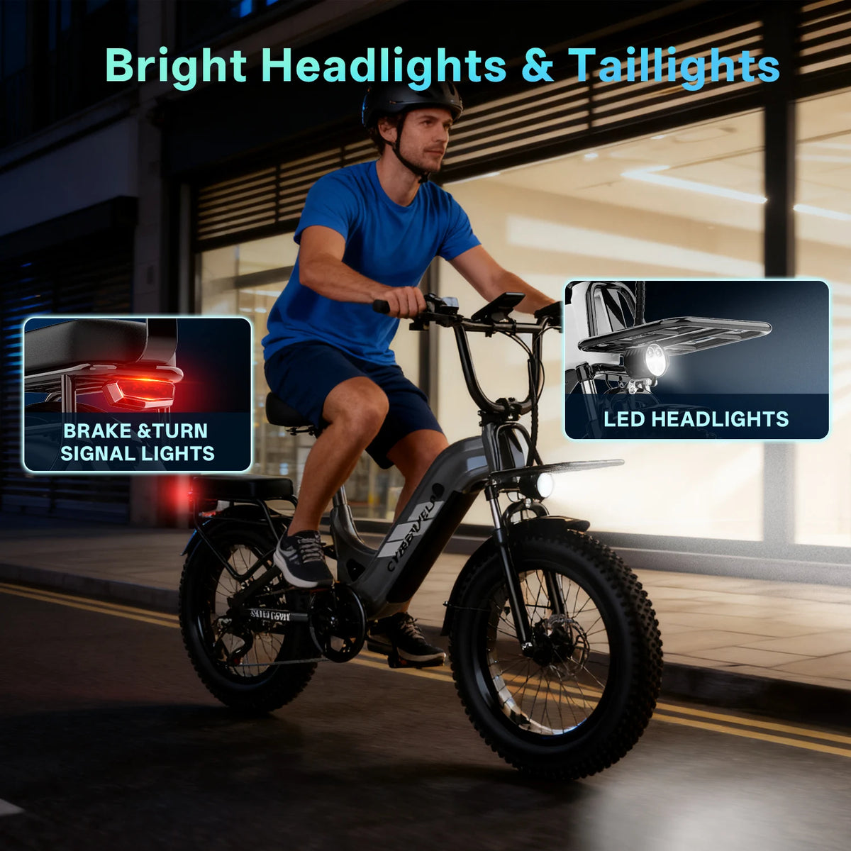 Man riding an electric bike with bright headlights and taillights highlighted, indoors.