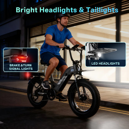 Man riding an electric bike with bright headlights and taillights highlighted, indoors.