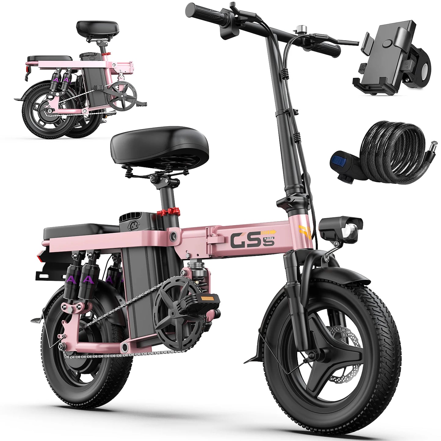 Pink electric bike with accessories on a white background