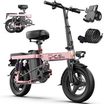 Pink electric bike with accessories on a white background