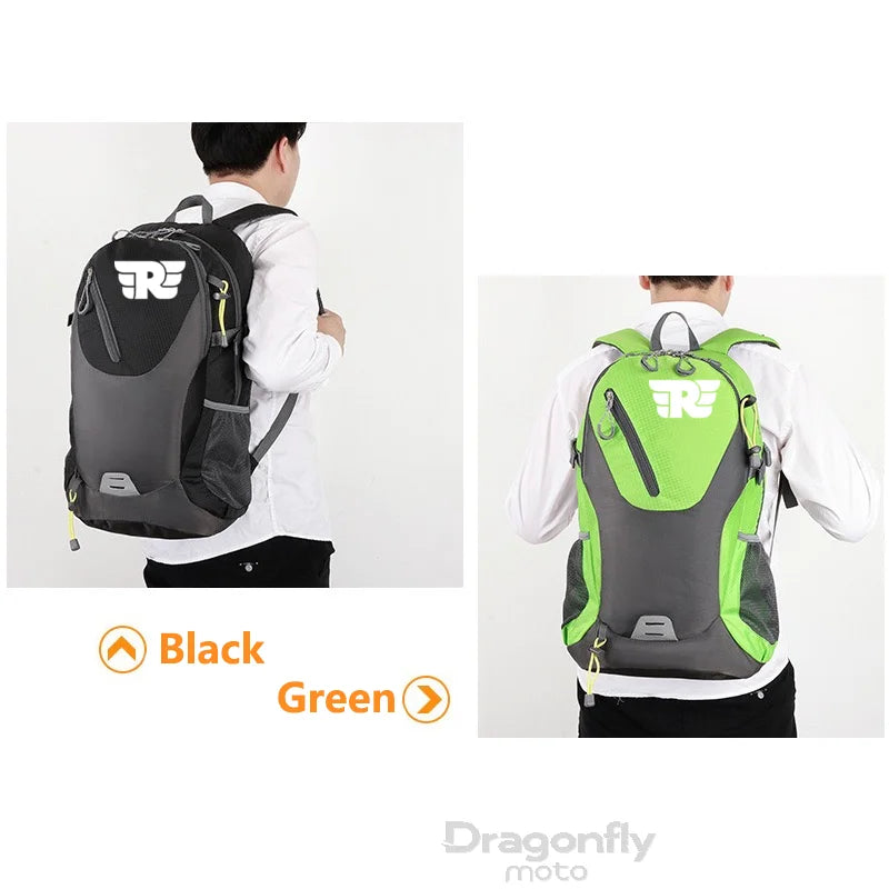 Two backpacks, one black and one green with gray accents, worn by a person on a white background. Dragonfly Moto branding is visible.