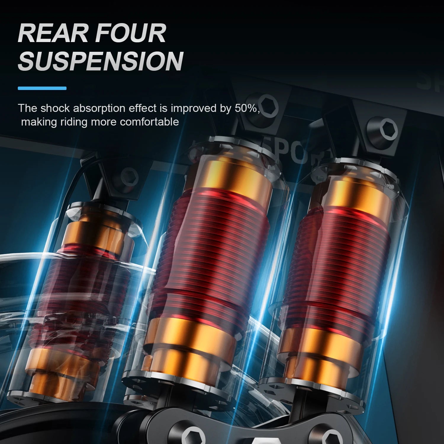 Rear suspension system with gold and red components on a dark background