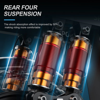 Rear suspension system with gold and red components on a dark background