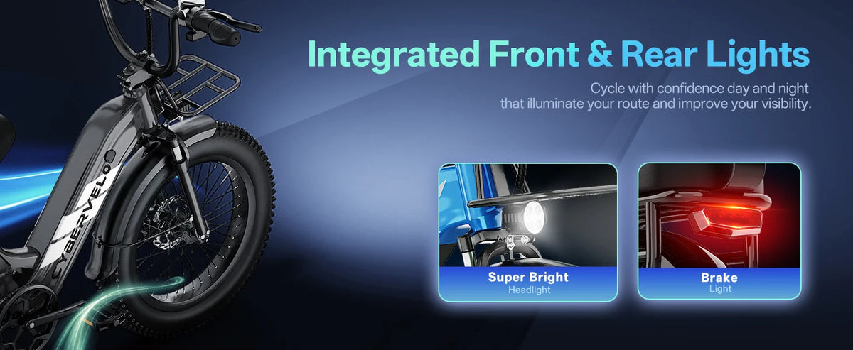 Electric bike with integrated front and rear lights on a dark background