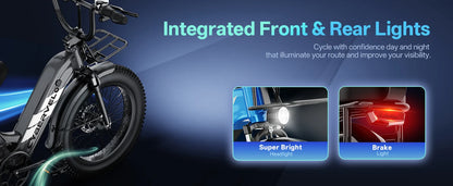 Electric bike with integrated front and rear lights on a dark background