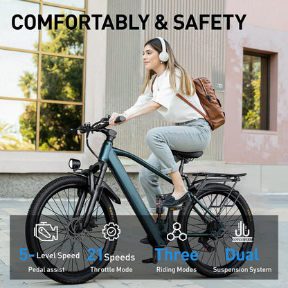Woman riding an electric bike with text about comfort, safety, and bike features.
