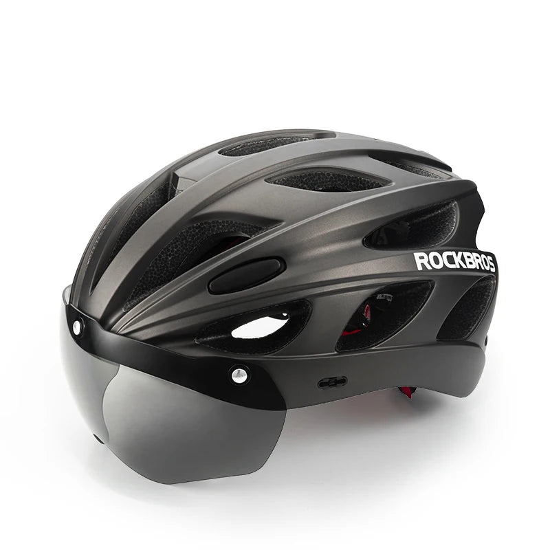 Black helmet with visor and 'RockBros' branding on a white background