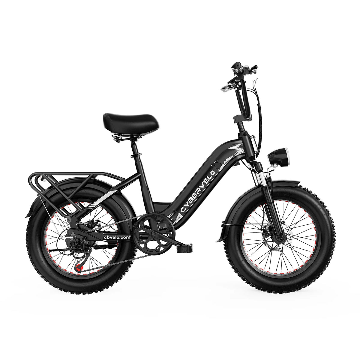 Black electric bike with 'CyberEvelo' branding on a white background