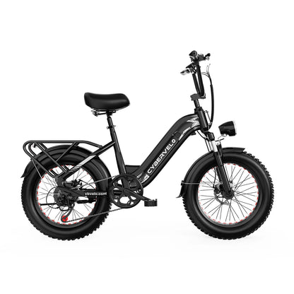 Black electric bike with 'CyberEvelo' branding on a white background