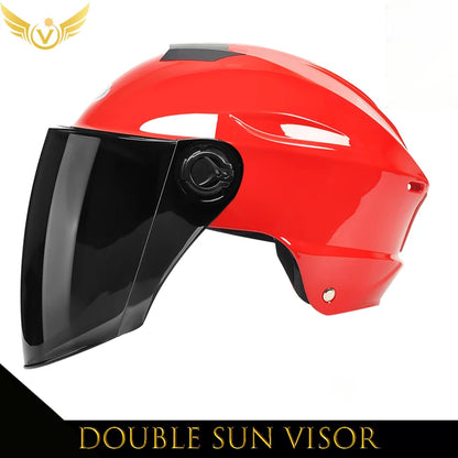 Red helmet with a black visor on a white background