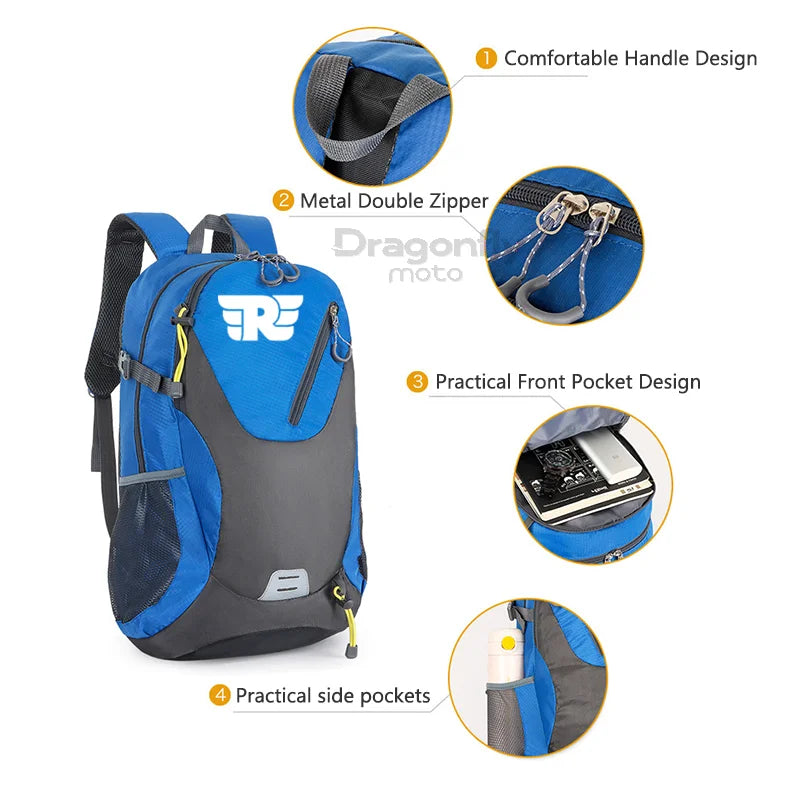 Blue and gray backpack with features highlighted on a white background