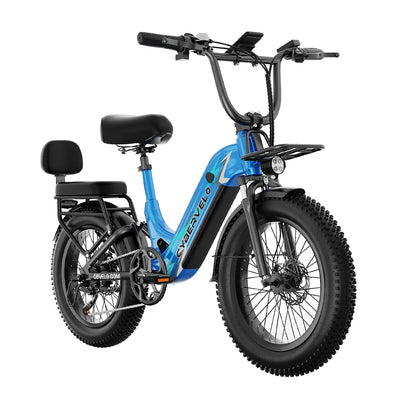 Blue electric bike with black seat and tires on a white background