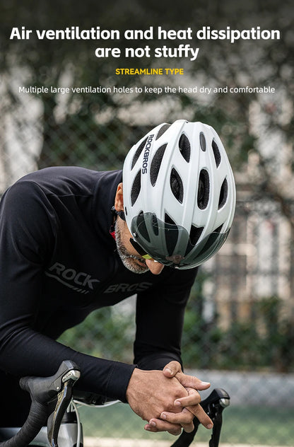Person wearing a white bicycle helmet with text about air ventilation and heat dissipation.