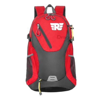 Red and grey backpack with a logo on a clear background