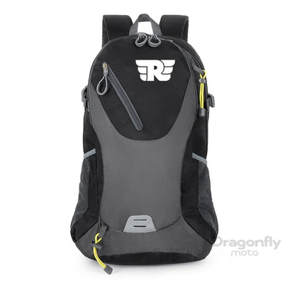 Black and gray backpack with a visible brand logo on a white background