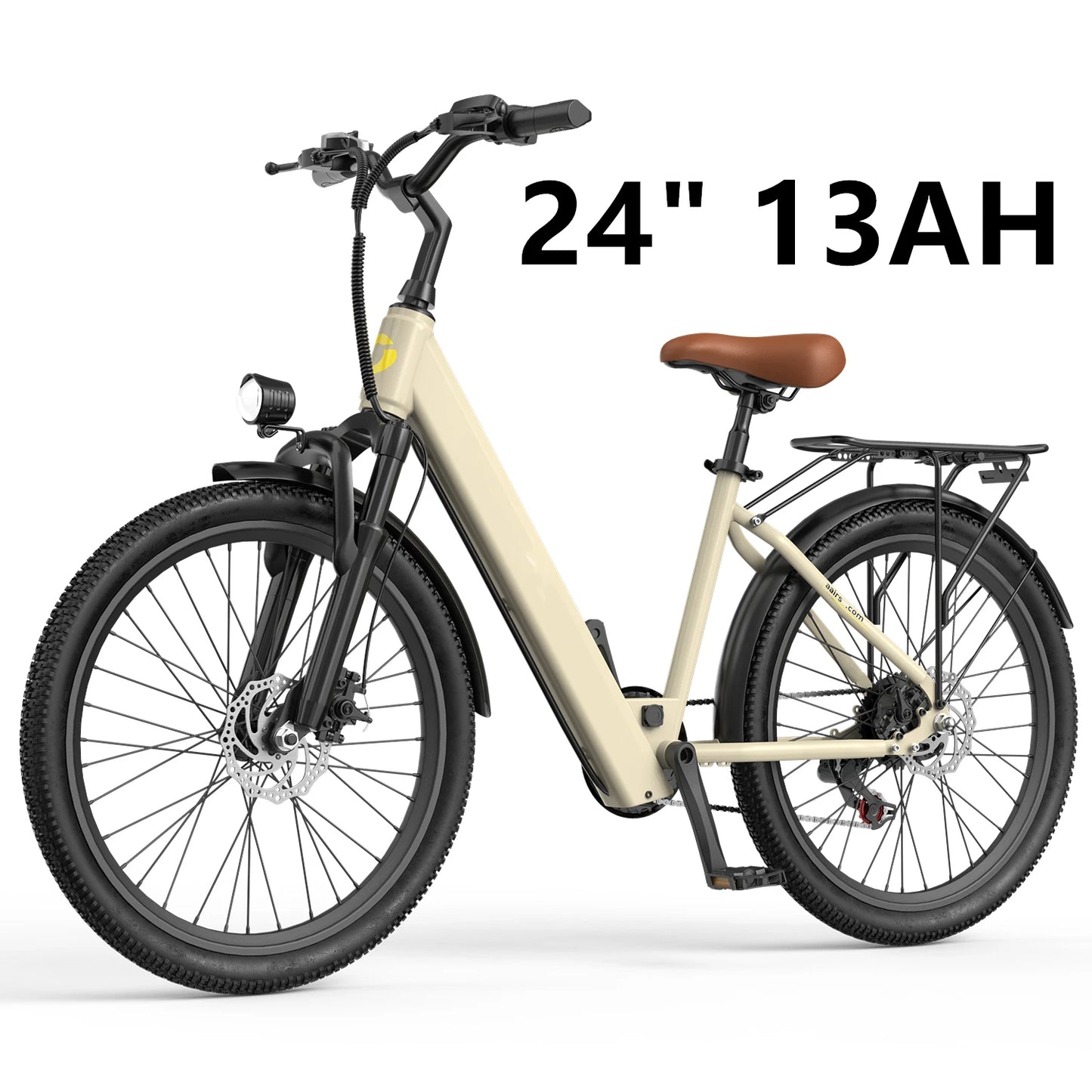 Beige electric bike with black frame and wheels on a white background, featuring '24" 13AH' text.