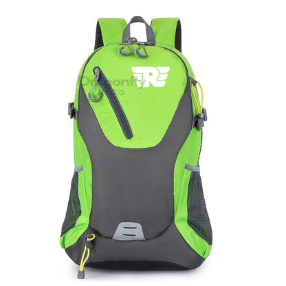 Green and gray backpack with a brand logo on a white background