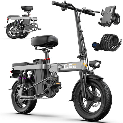 Gray electric bike with accessories on a white background