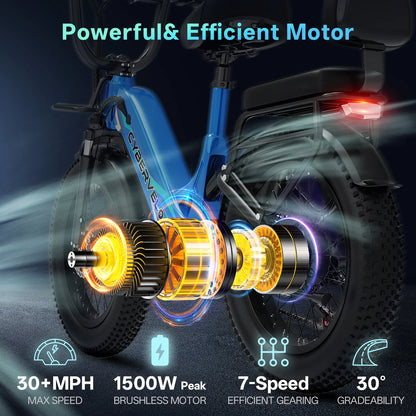 Electric bike with a detailed view of the motor and specifications on a dark background
