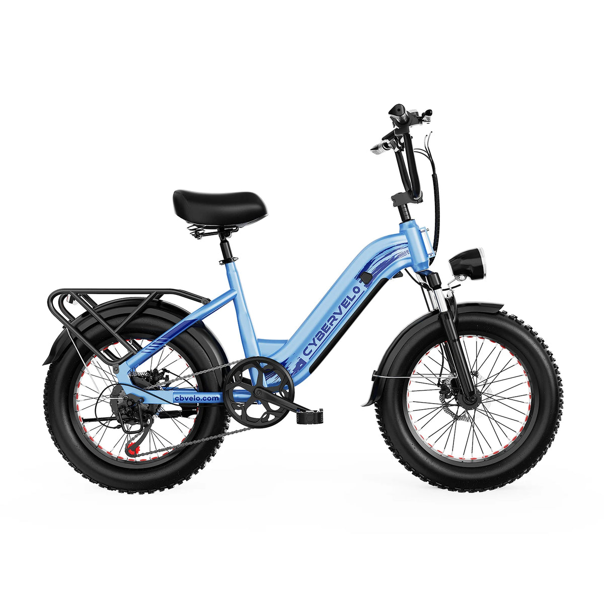 Blue electric bike with black seat and tires on a white background