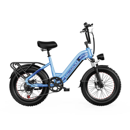 Blue electric bike with black seat and tires on a white background