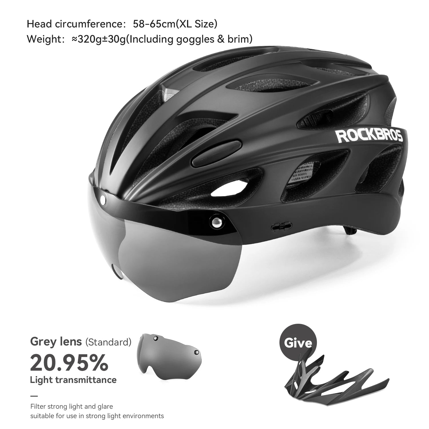 Black helmet with goggles and brim, featuring RockBros branding, on a white background.