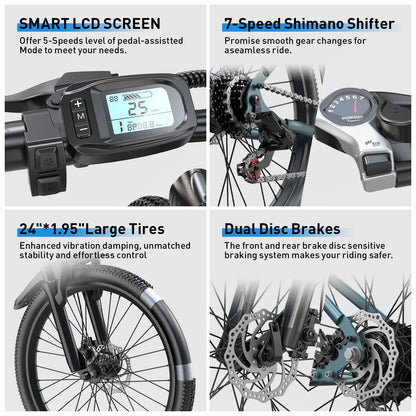 Collage of features including smart LCD screen, Shimano shifter, large tires, and dual disc brakes on a bicycle.