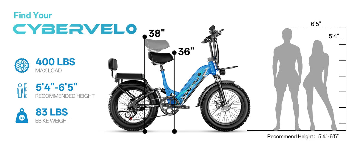 Cybervelo electric bike with dimensions and weight information displayed.