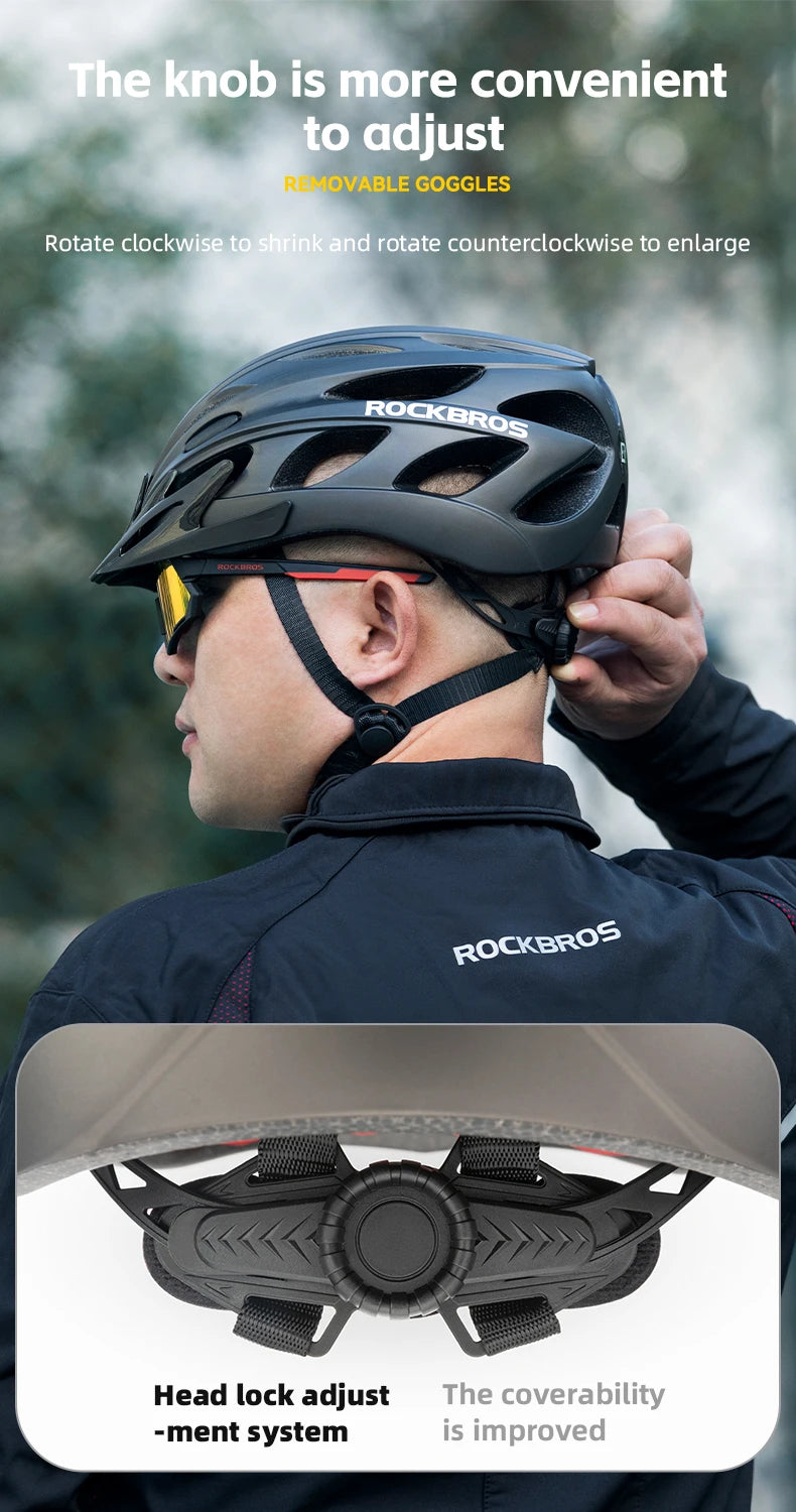 Person adjusting a black helmet with 'Rockbros' branding, featuring text about knob convenience and head lock system.