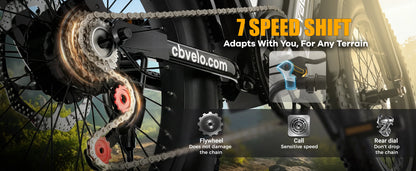Close-up of a bicycle gear system with 'cbvelo.com' branding and text about 7-speed shift technology.
