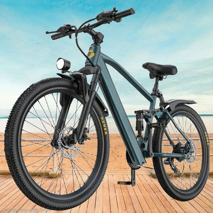 Electric bike on a wooden platform with a beach background