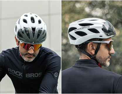 Person wearing a white bicycle helmet with 'Rock Bros' branding, side by side comparison.