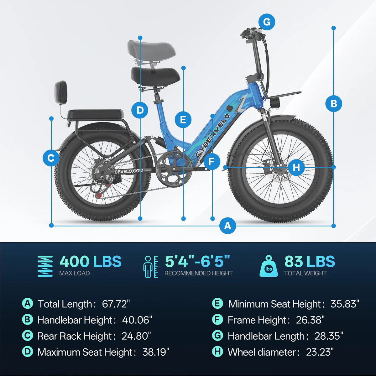 Blue electric bike with measurements labeled on a light gray background