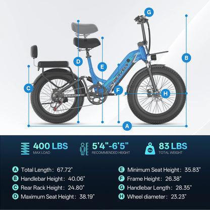 Blue electric bike with measurements labeled on a light gray background