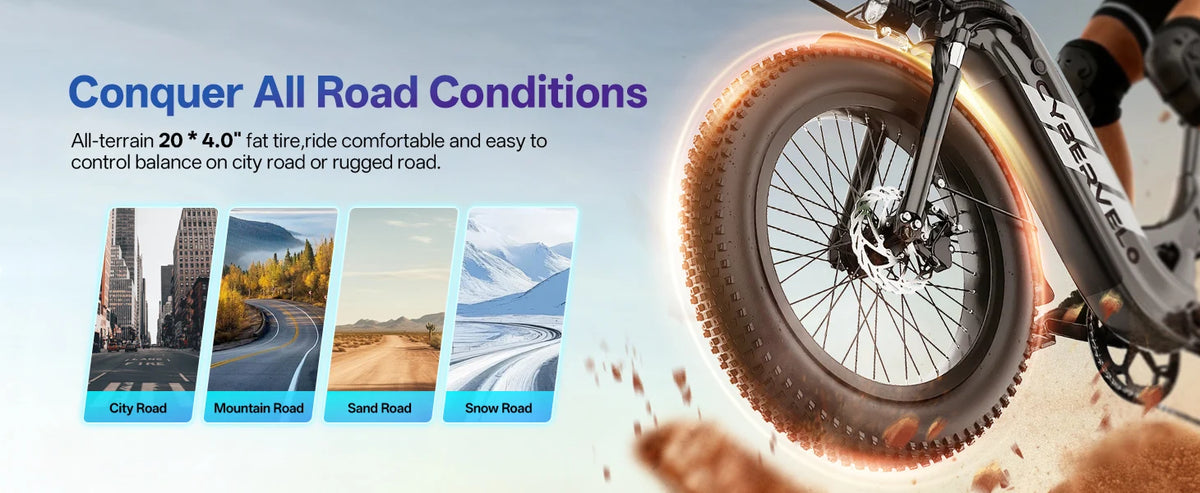 Electric bike with off-road tires on a road, showcasing its versatility.