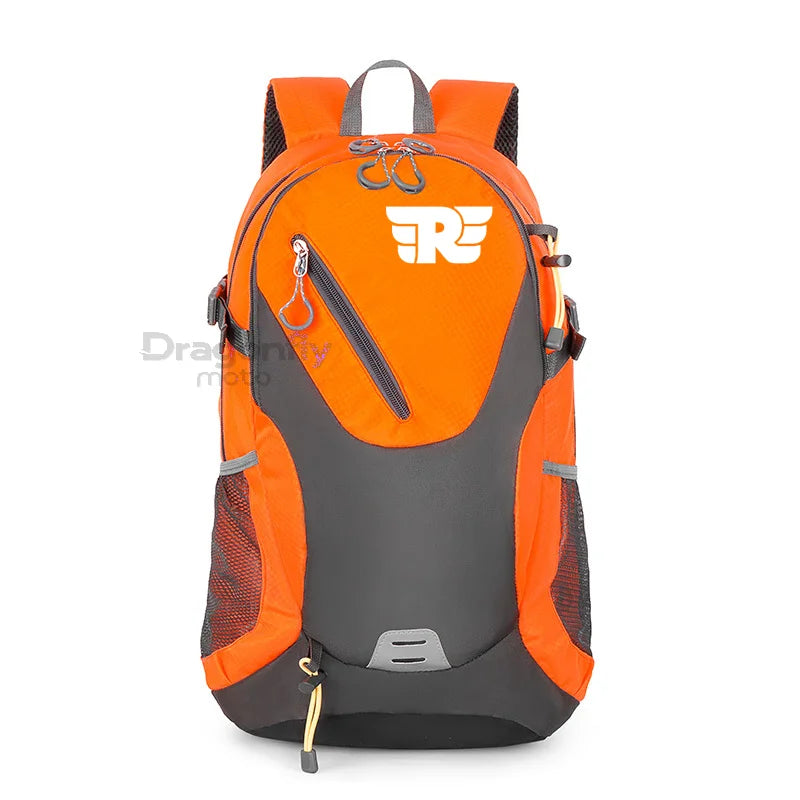 Orange and gray backpack with a logo on a white background
