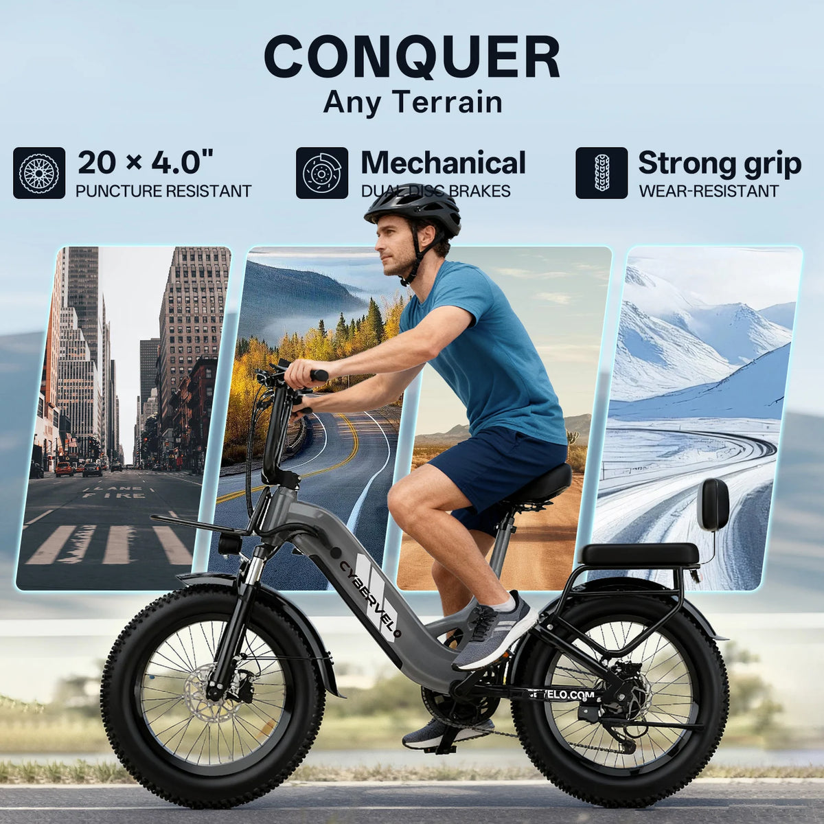 Person riding a electric bike with features highlighted on a cityscape background