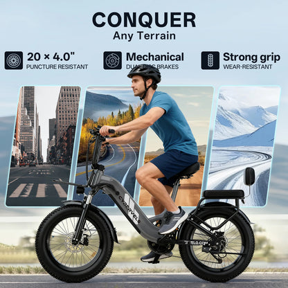 Person riding a electric bike with features highlighted on a cityscape background
